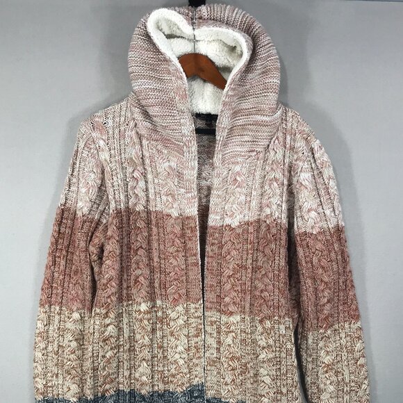 Lety & Me Cardigan Women's Large Brown Colorblock Sweater Knit Hooded Open Front - Picture 1 of 15